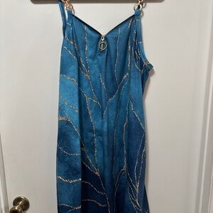 Spaghetti Strap XL Blue W/Met.Gold Veins Mini Slip Dress Zipper V Neck W/pockets